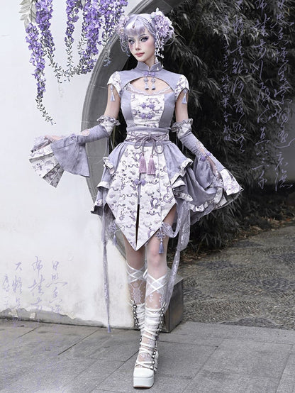 Purple Corset Belt Waist Irregular Layered Skirt Chinoiserie Knot Button and Tassels