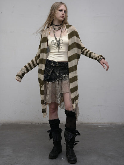 Green Wasteland Punk Striped Pattern Cardigan
