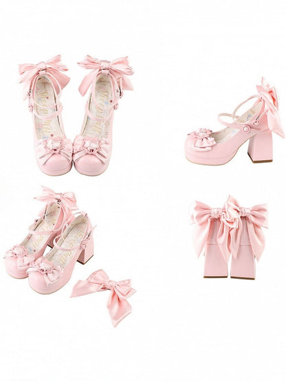 Polished Pink Bow at Top Platform High Block Heels