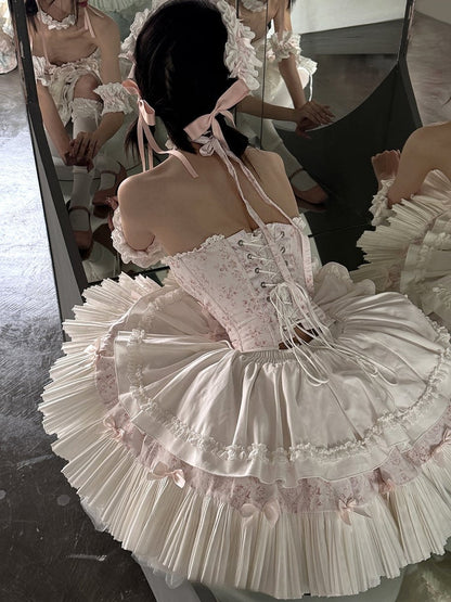 Pink & White Sweet Lolita Floral-Print Corset Top + Skirt + Choker + Arm Rings + KC Full Set