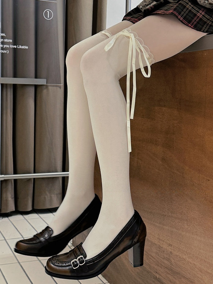 Milk White/Black Sweet Bow Ribbon Lace Trim Overknee Stockings
