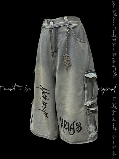 Light Blue Punk Rock Wide-leg Cargo Jeans with Free Charm