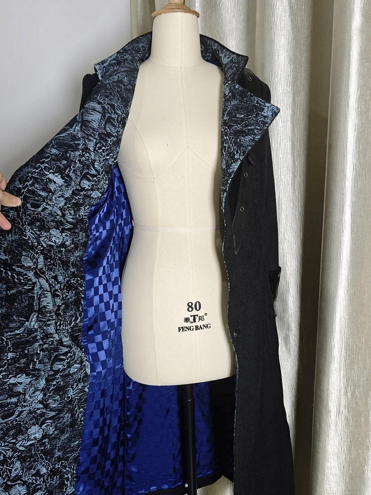 Ouji Fashion Black Leather Cuffs Gothic Lolita Woolen Coat with Blue Inner Lining