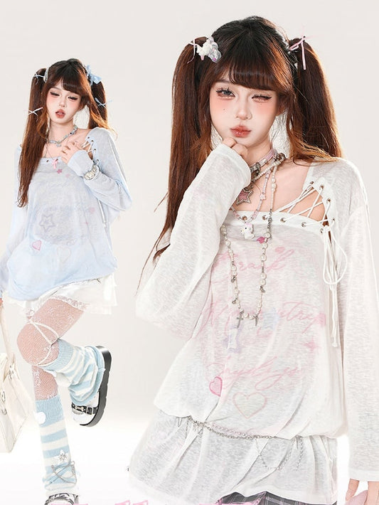 Lace-up Asymmetrical Neckline Blue/White Semi-sheer Coverup