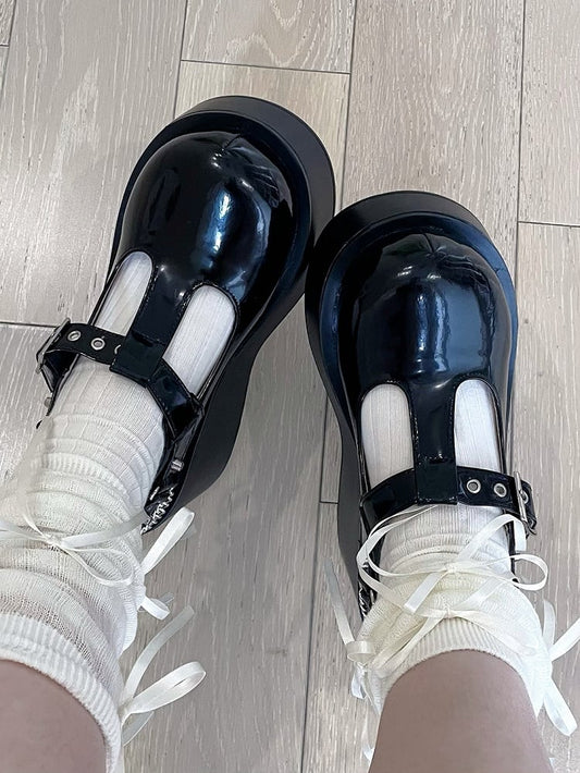 Gothic Black T-strap Platforms with Sweetheart Charm Chain