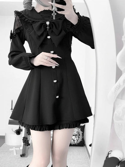 Black Jirai Kei Set - Sailer Collar Sweetheart Buttons Long Sleeves Top + Shorts + Bow Tie