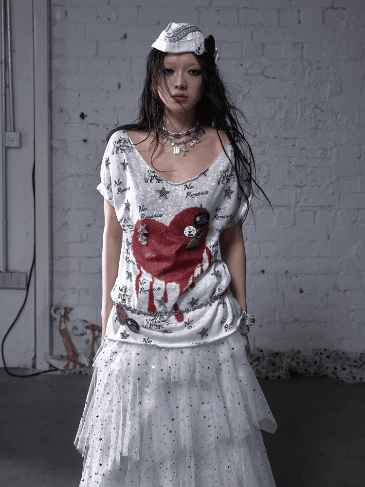 Black/White Distressed Design Navycore Graphic T-shirt