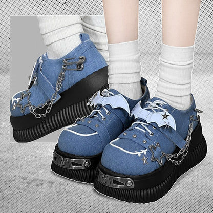 Star-shaped Studs and Chains Gothic Blue Bat Wings Platforms Punk Shoes
