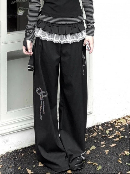 Black Wide-Leg Pants with Raindrop and Clover Rhinestone and Lace Trim