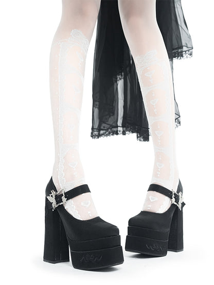 Bowknot Embroidery Butterfly-shaped Buckle Black Platform Mary Janes High Block Heels