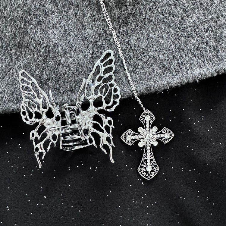 Silver/Ancient Silver Rhinestone Embellished Cross Necklace