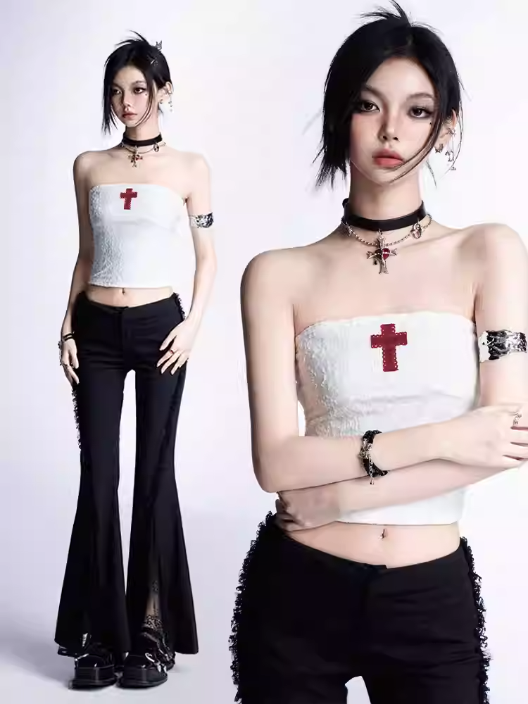 Gothic Red Cross Applique White Cropped Strapless Top/Red Cross Charms Tiered Skirt