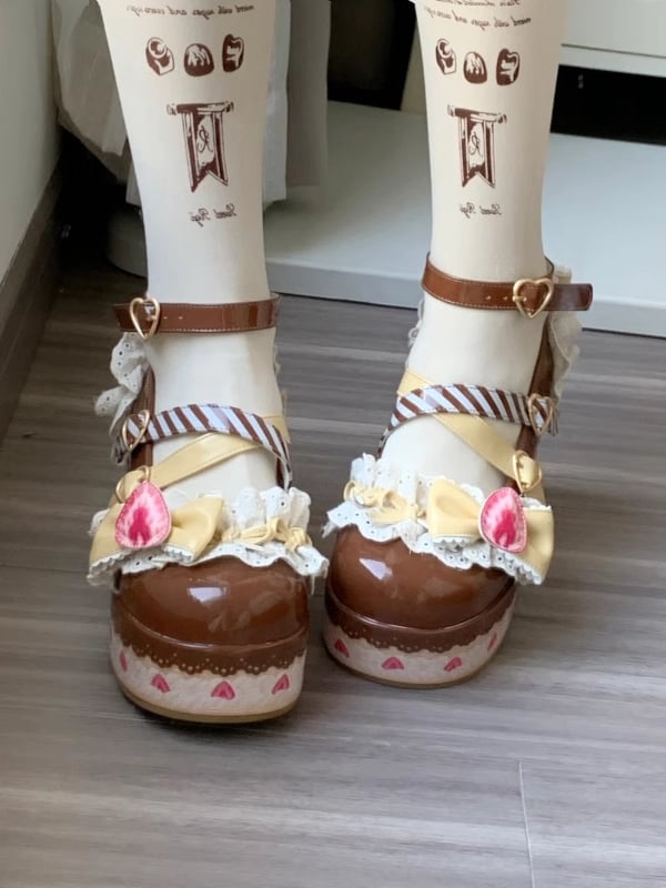 Chocolate Strawberry Cake Brown Sweet Lolita Platform Mary Jane Shoes