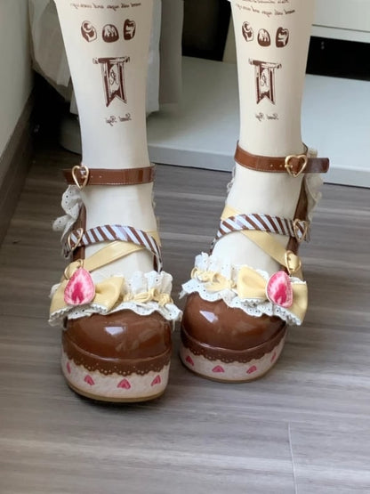 Chocolate Strawberry Cake Brown Sweet Lolita Platform Mary Jane Shoes