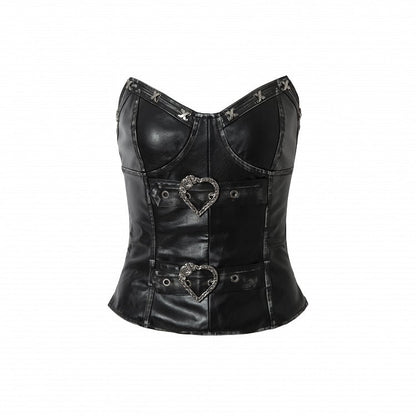 Black PU Bustier Top with Heart-Shaped Buckle Design