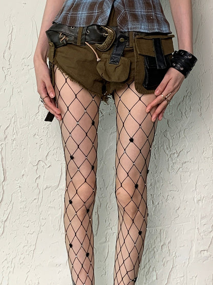 Black/White Y2K Heart Details Rhinestone Decorated Fishnet Tights