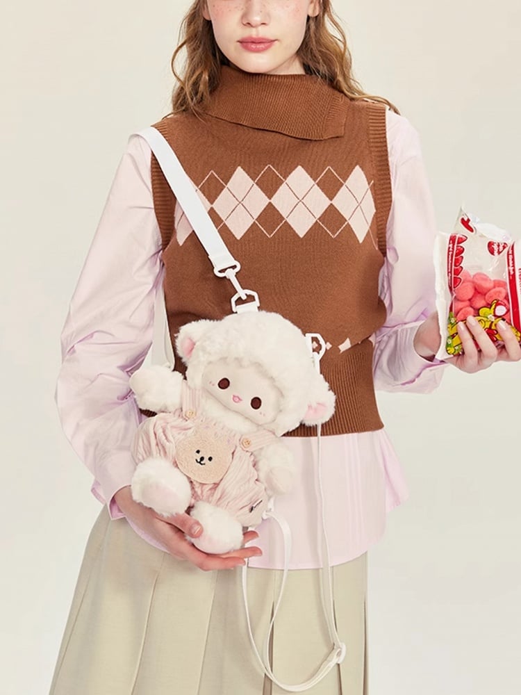 White&Pink Cute Plush Lamb Backpack + Overall Pants Middle/Large Size