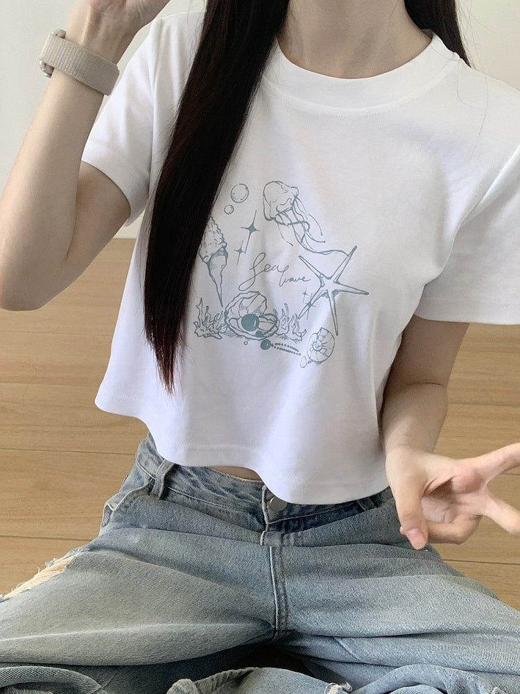 Seashell and Jellyfish Print White Round Neck T-shirt Regular/Short Version