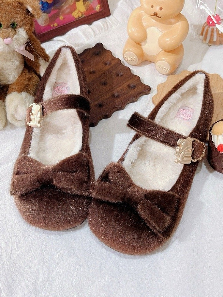 Brown Sweet Lolita Plush Shoes in Regular/Thicken Version - Delicate Bow Accents with Hugging Bear Heart Fasteners