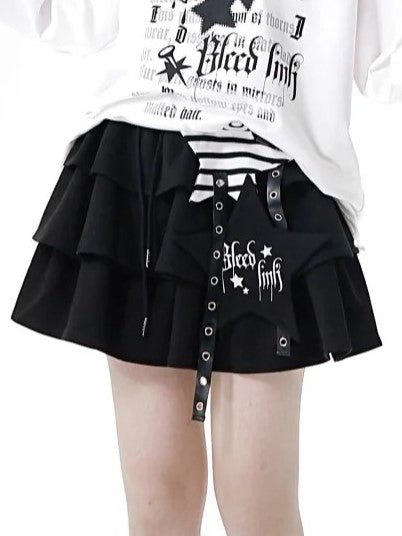 Black Tiered Drawstring Skirt with Strap and Star Applique Accents