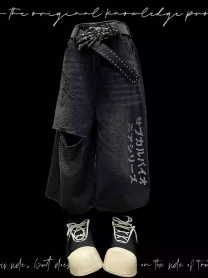 Black Cross Appliques Distressed Holes Vintage Straight-Leg Jeans