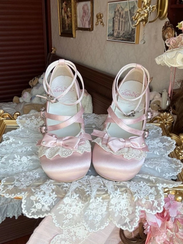 Sweet Lolita Satin Pink Wedge Heels - Bow Accents with Lace Trim & Crisscross Straps