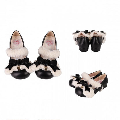 Plush Velcro Strap Black Bow at Top Flats