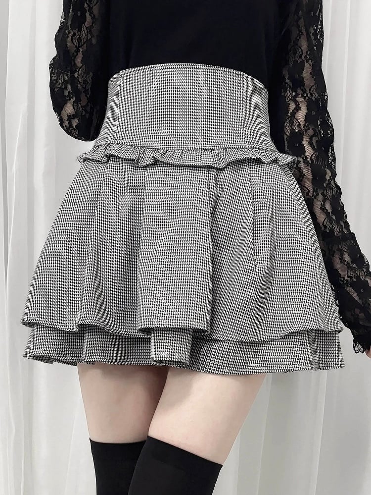 Black Houndstooth Jirai Kei Corset Waist Double-Layered Skirt