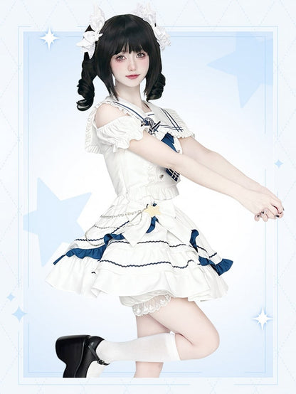 Sailor Collar Cutout Shoulder Top with Tiered Skirt White and Blue Preppy Style Idol Full Set