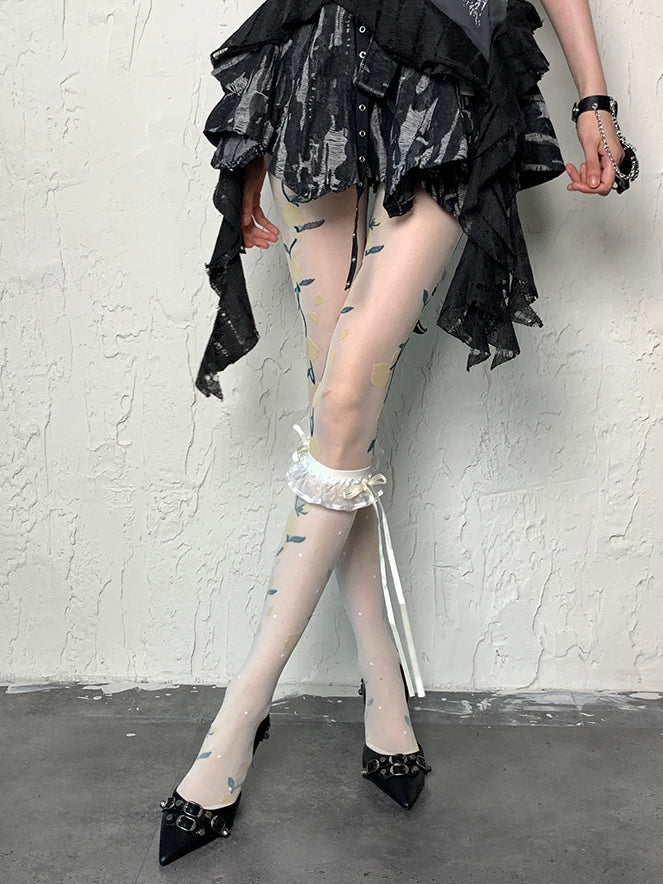 White Y2K Polka-dot Pattern Ruffles Trim Self-tie Strap Under-knee Stockings