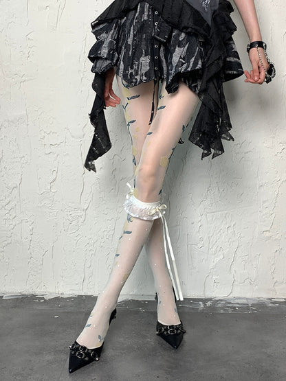 White Y2K Polka-dot Pattern Ruffles Trim Self-tie Strap Under-knee Stockings