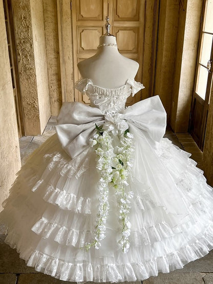 White Layered Ruffles Lace Shiro Lolita Dress with Bow Accents