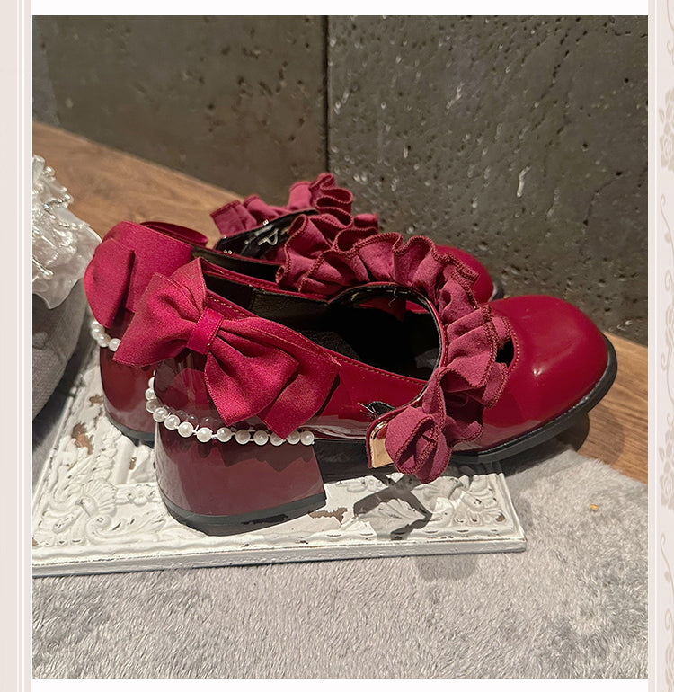 Polished Wine Red Round Toe Ruffle Trim 6CM Block Heel Mary Janes with Beaded Chain