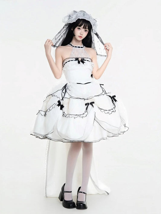Plus Sizes White & Black Ruffled Layers Illusion Neckline Sweet Lolita Dress with Bow Accents Short Version