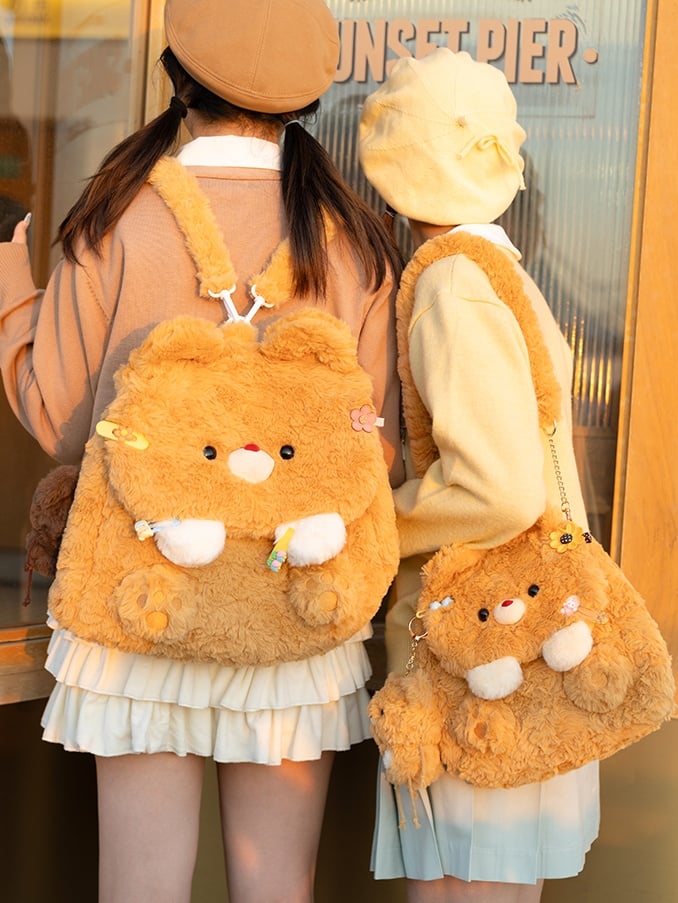 Yellow Bear Plush Flap Backpack Bag Middle/Large Size