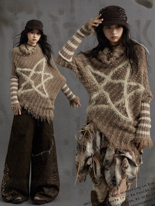Brown Vintage Punk Batwing Sleeves Loose Five-pointed Star Sweater