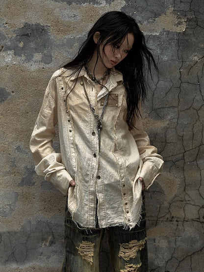 Beige Star Patch Punk Studs Faded Wash Shirt Frayed Hem