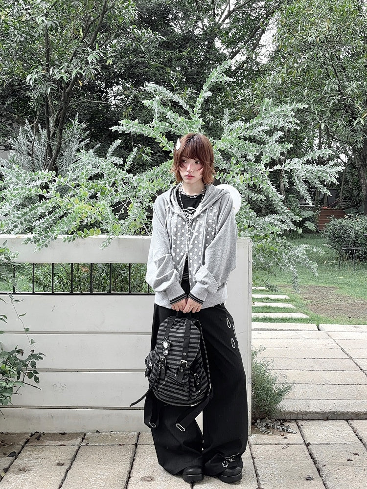 Black / Gray Polka Dot Raglan Sleeve Hoodie Jacket with Decorative Bow