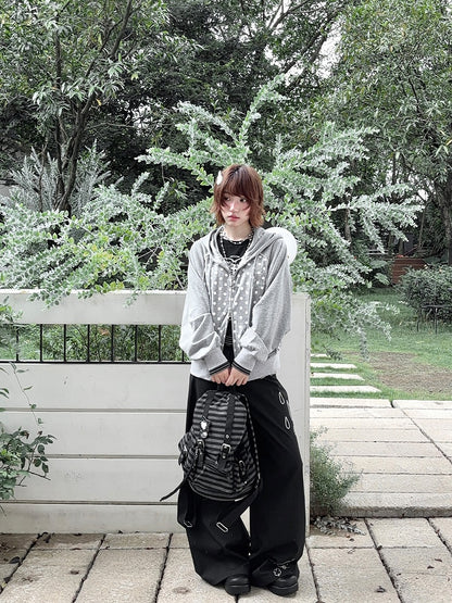 Black / Gray Polka Dot Raglan Sleeve Hoodie Jacket with Decorative Bow