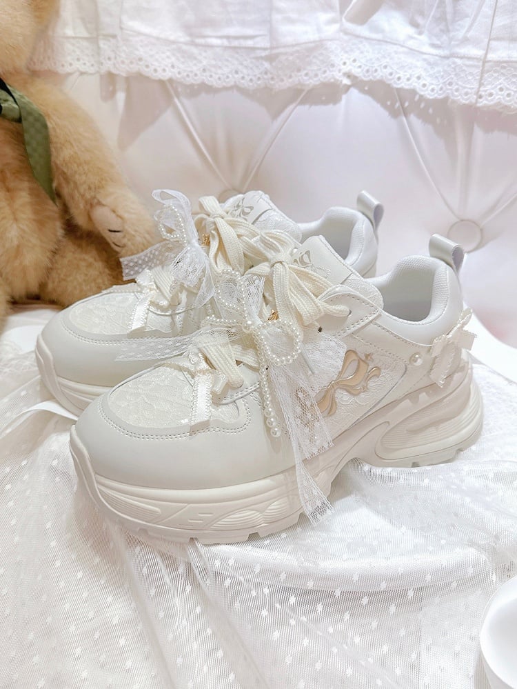 White Beaded Decorated Bowknot Details Front Lace-up Ties Sneakers