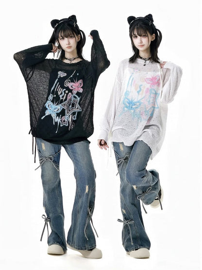 Light Blue Faded Wash Distressed Holes Bow Accents Flared Jeans