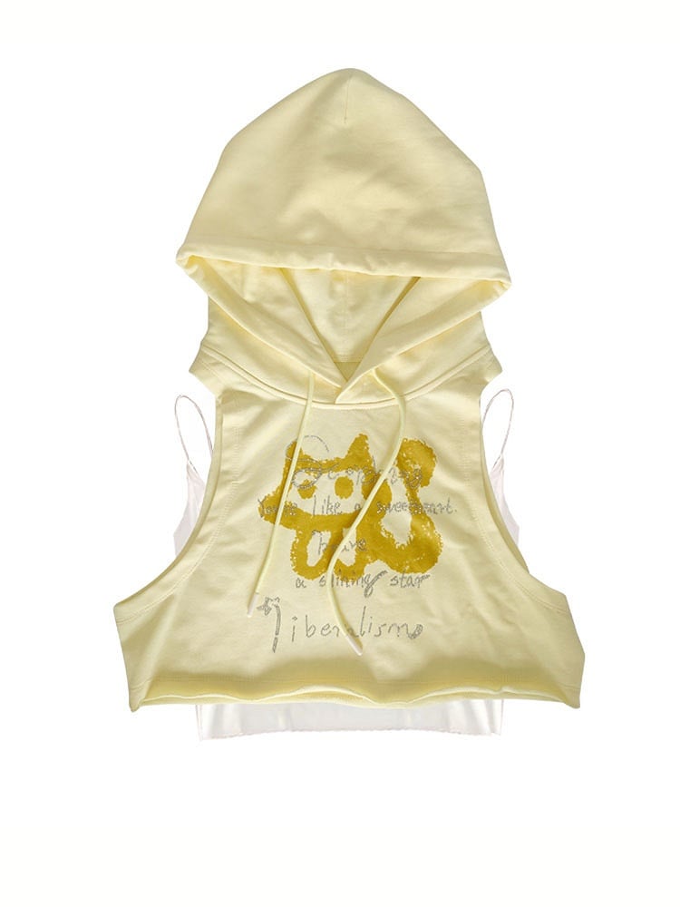 Light Yellow Kitty Print Hooded Top + White Cami Top Set