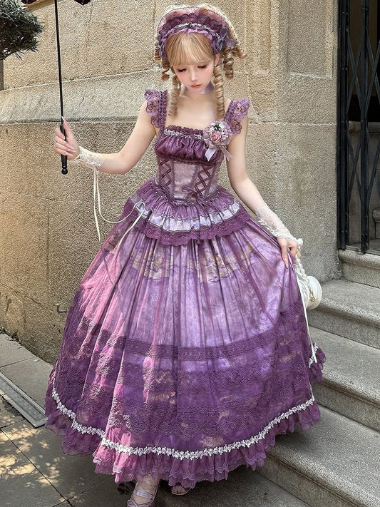 Purple Classic Lolita Boned Basque Waist Top + Oil Painting Print Overlay Skirt