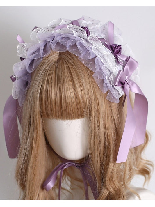 Purple Floral Design Bowknot Details Polka-dot Pattern Ruffled Hairband