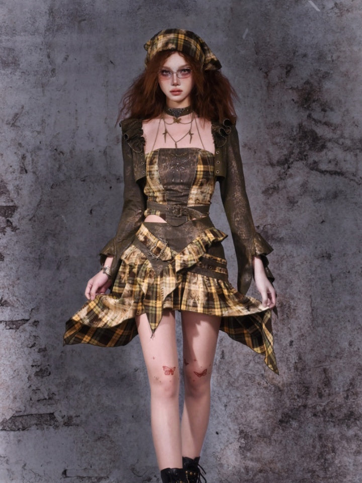 Forest Green Plaid Pattern Handkerchief Hem Skirt