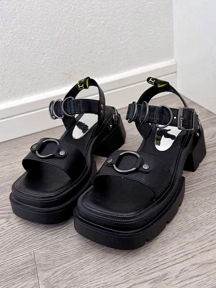 Black Square Toe Punk Platform Sandals