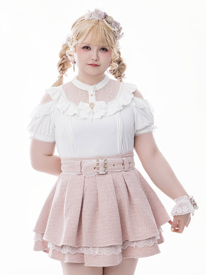 Jirai Kei White Illusion Neckline Cutout Shoulder Short Sleeve Blouse with Free Bowtie