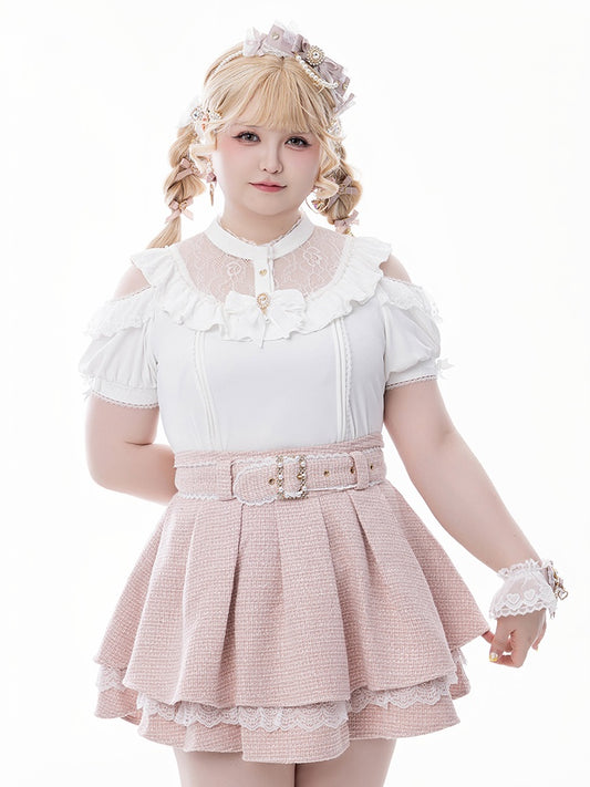 Jirai Kei White Illusion Neckline Cutout Shoulder Short Sleeve Blouse with Free Bowtie