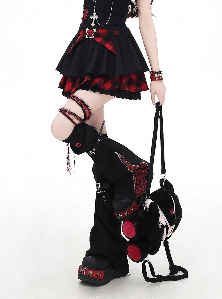 Y2K Red and Black Plaid Criss-cross Design Lace Trim Tiered Skirt