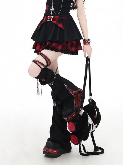 Y2K Red and Black Plaid Criss-cross Design Lace Trim Tiered Skirt
